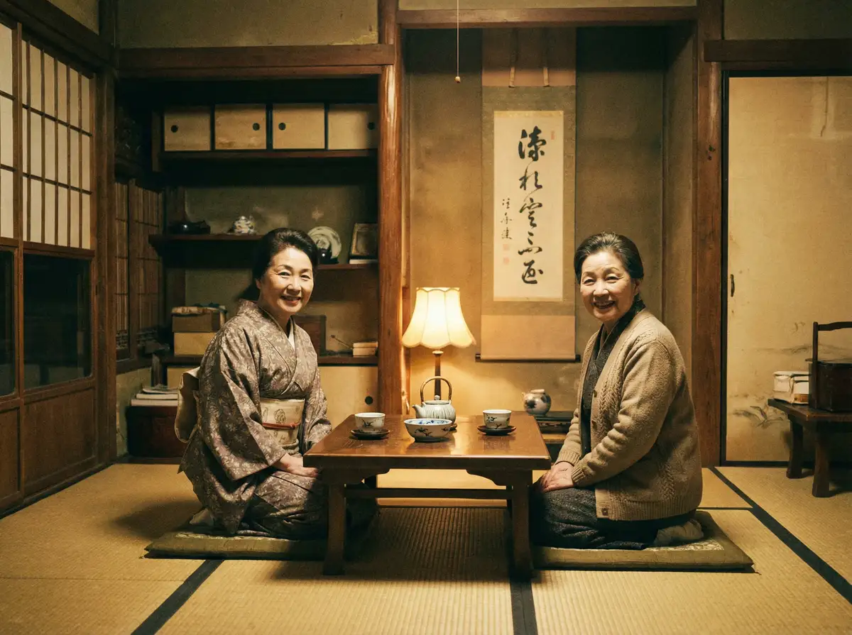两位优雅的 财神体育app 在日式茶室中品茶交谈